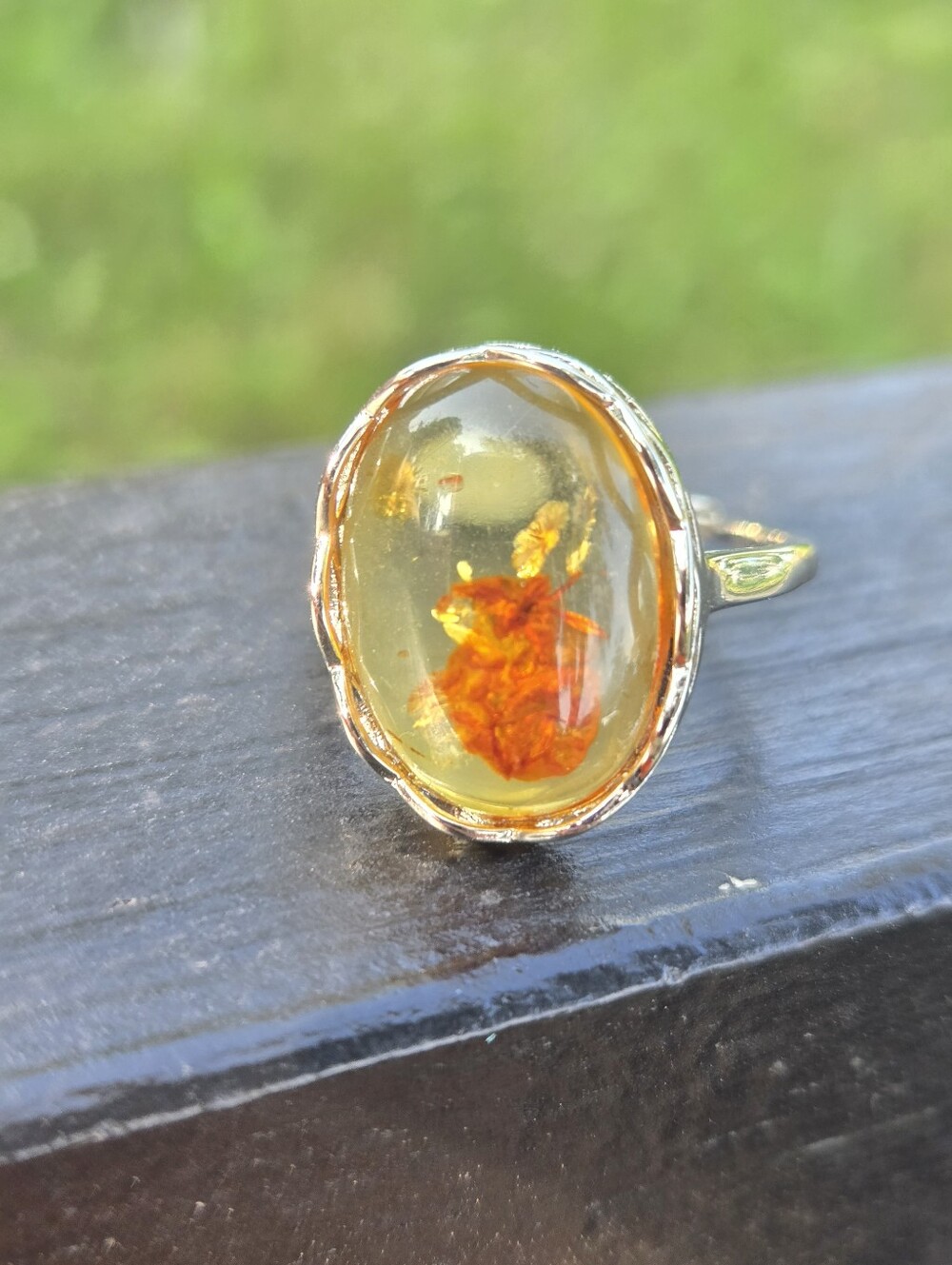 Honey Baltic Amber Silver Statement Ring Vintage